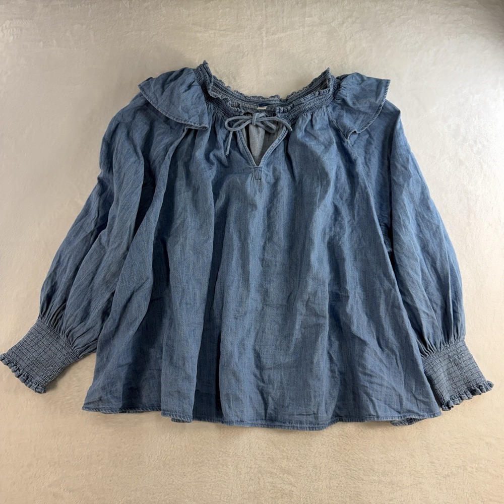 Old Navy Plus 4X Poet Blouse‎ Puff Sleeve Non Stretch Jean Ruffle Trimmed Boho - Picture 3 of 13